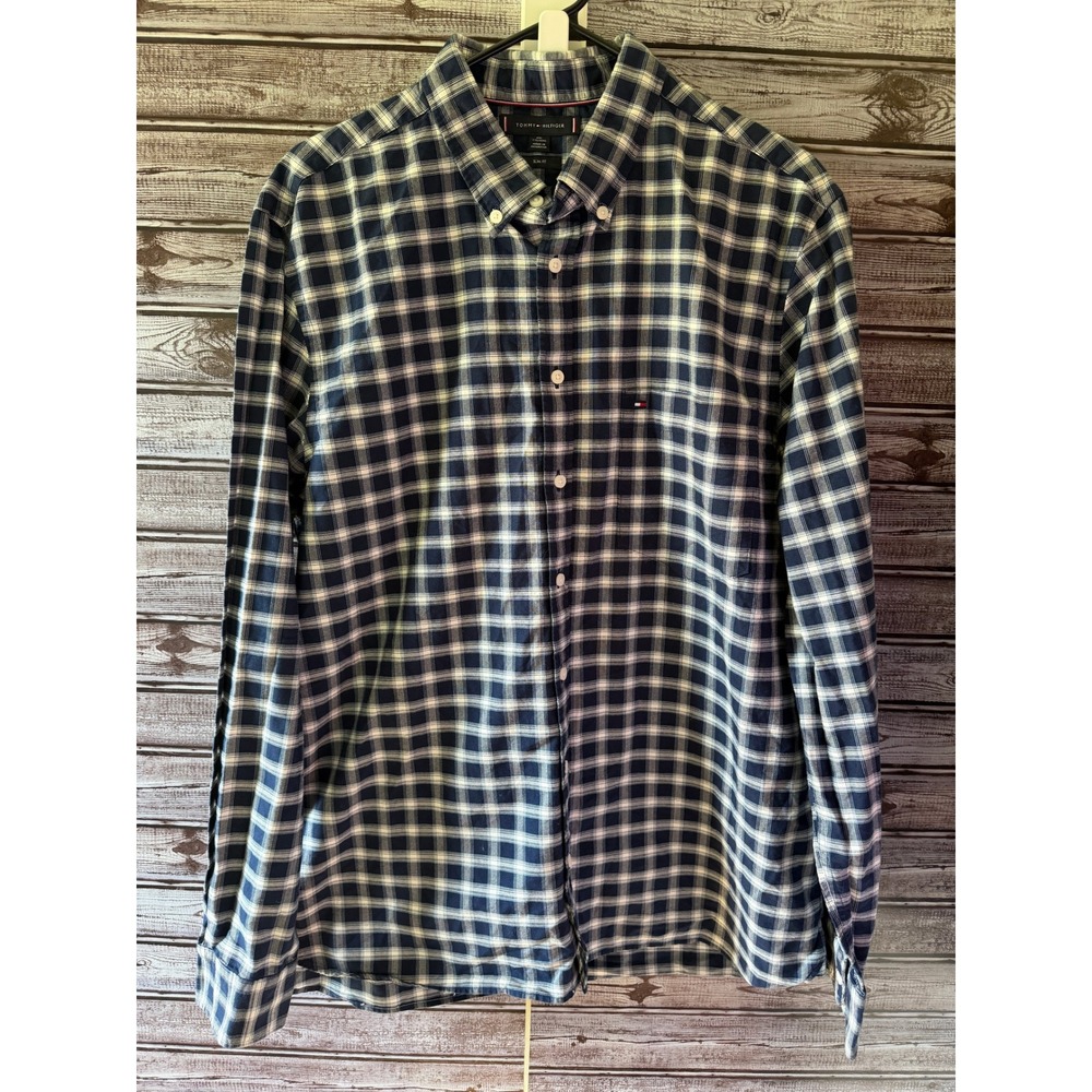 Tommy Hilfiger‎ Mens Slim Fit Plaid Button Down Shirt Size XXL Navy Blue White